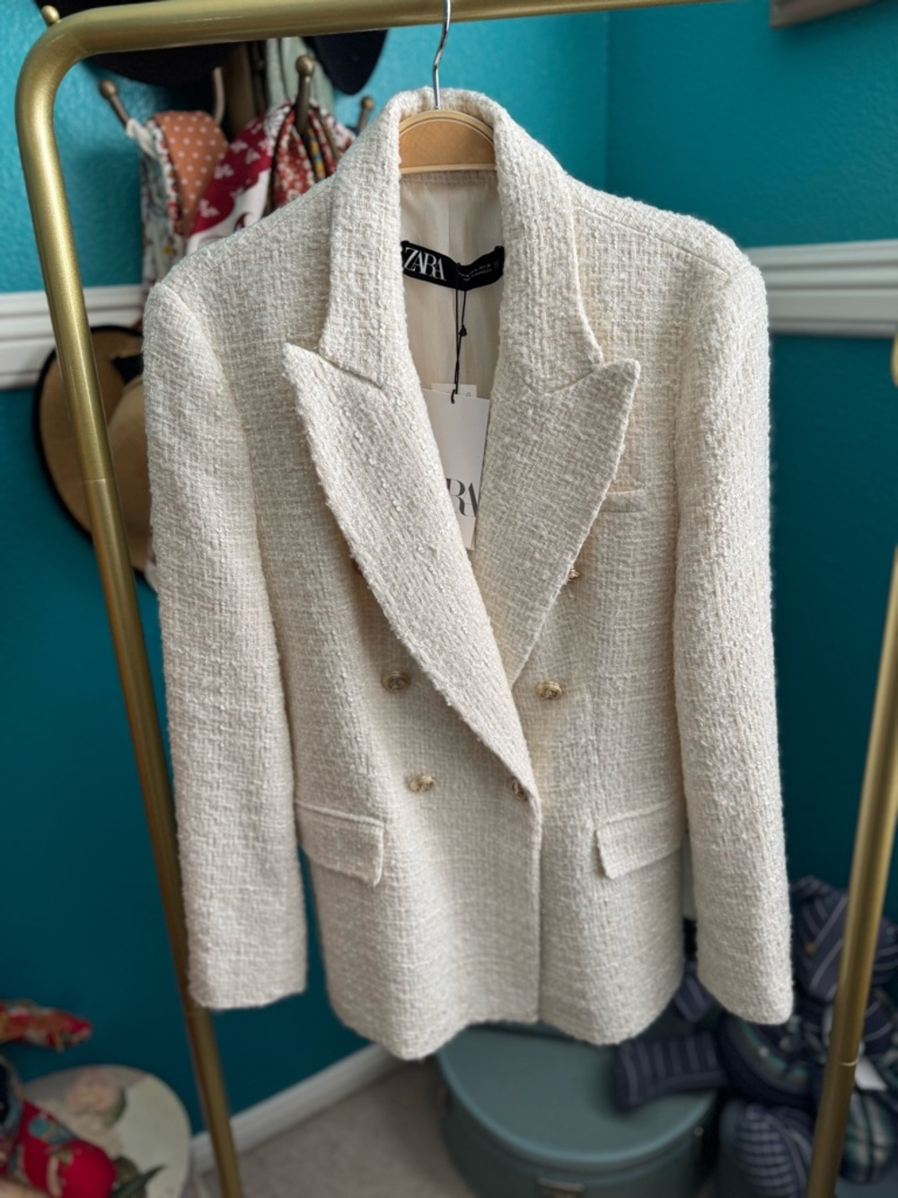 Zara Cream Double-Breasted Textured Blazer